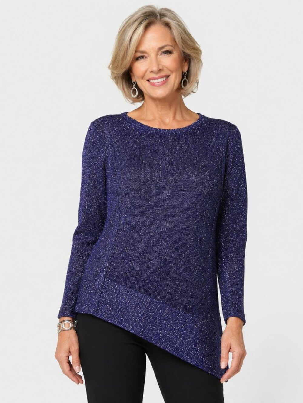 Chico's Purple Shimmer Asymmetrical Knit Pullover Top Size 1 M Elevated Chic